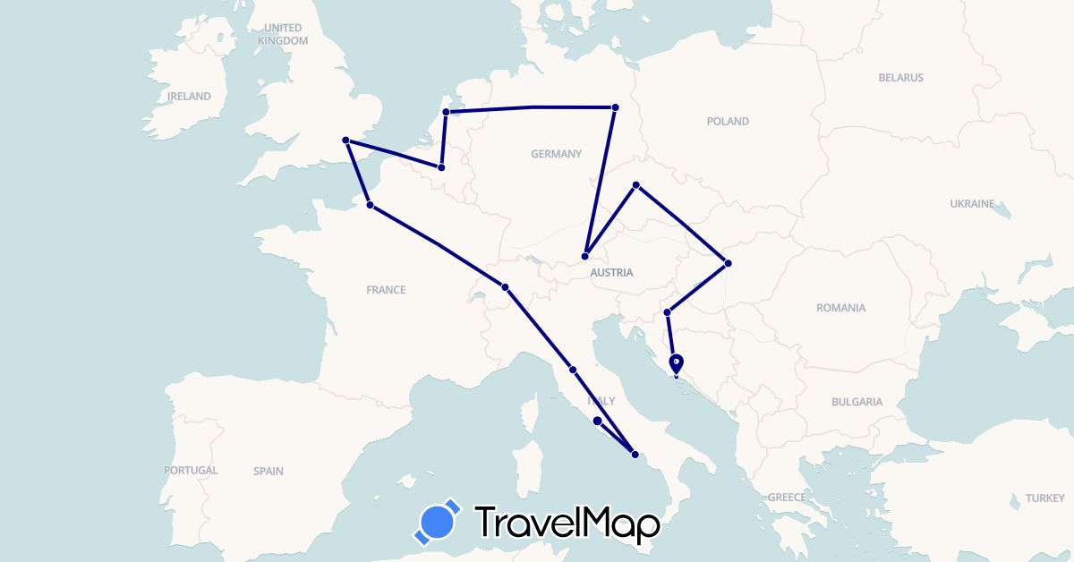 TravelMap itinerary: driving in Belgium, Switzerland, Czech Republic, Germany, France, United Kingdom, Croatia, Hungary, Italy, Netherlands (Europe)